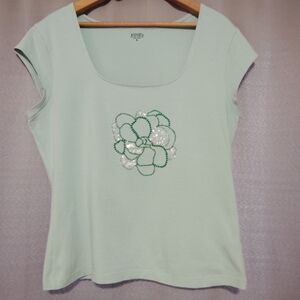 Casual Corner Annex Sz L Green Top w/ Sequins & Beads Square Scoop Neck Cap Slv